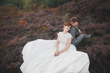 Muhteşem düğün çift öpüşme ve orman büyük kayalar ile sarılma