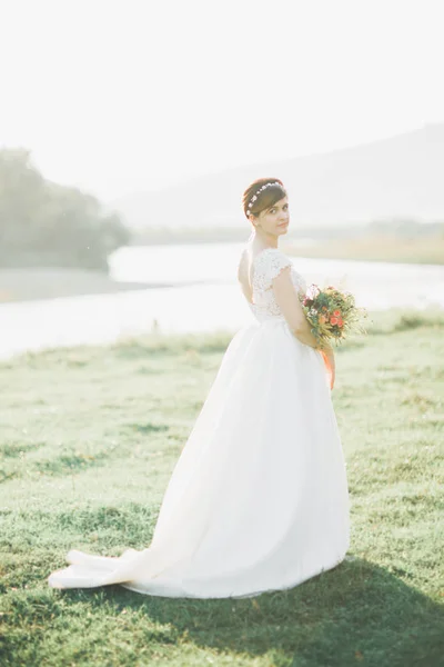 Novia en vestido de novia posando sobre hierba con hermoso paisaje de fondo — Foto de Stock