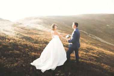 Bir dağın tepesinde günbatımında poz güzel düğün çifti