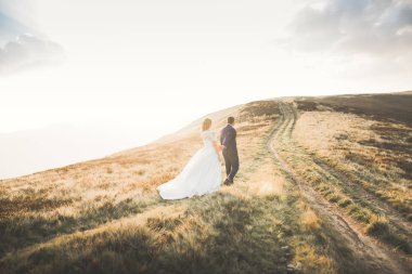 Harika bir gelin damada poz veriyor ve harika manzaralı dağlarda lüks bir tören yapıyor.