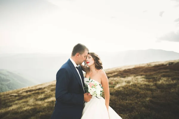 Casal de casamento lindo beijando e abraçando perto da montanha com vista perfeita — Fotografia de Stock