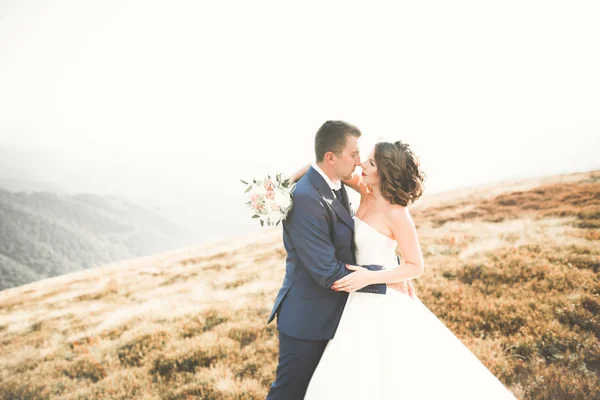 Gyönyörű gyönyörű menyasszony pózol vőlegény és szórakozás, luxus szertartás a hegyekben csodálatos kilátás, hely a szöveg, esküvői pár — Stock Fotó