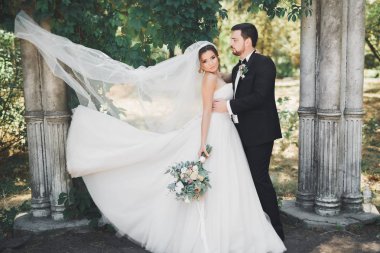 Mutlu düğün çift gelin ve damat bir botanik parkında poz