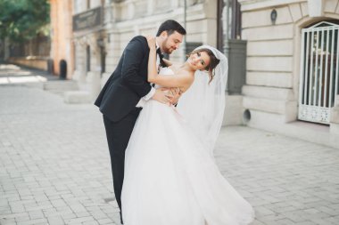 Romantik Çift dans ve onların düğününde öpüşme