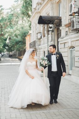 Lüks evli çift, gelin ve damat eski şehirde poz veriyor.