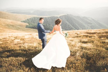 Harika bir gelin damada poz veriyor ve harika manzaralı dağlarda lüks bir tören yapıyor.