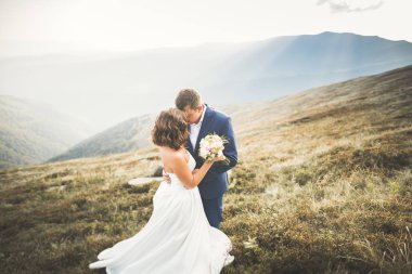 Güzel dağlarda poz veren mutlu bir düğün çifti.