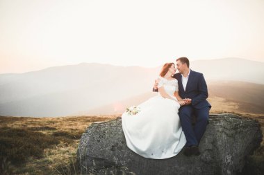 Güzel dağlarda poz veren mutlu bir düğün çifti.