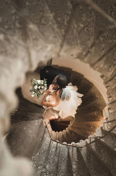 Hermosa y apasionada pareja de boda posando en escaleras —  Fotos de Stock