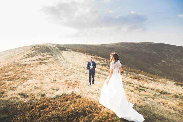 Casal de casamento lindo beijando e abraçando perto da montanha com vista perfeita — Fotografia de Stock