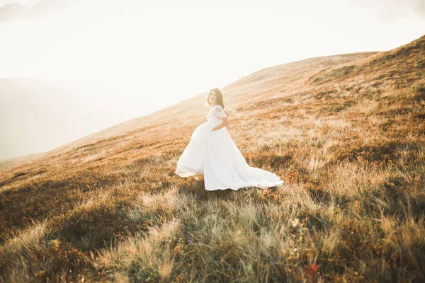 Bellezza donna, sposa con perfetto abito bianco sfondo montagne — Foto Stock