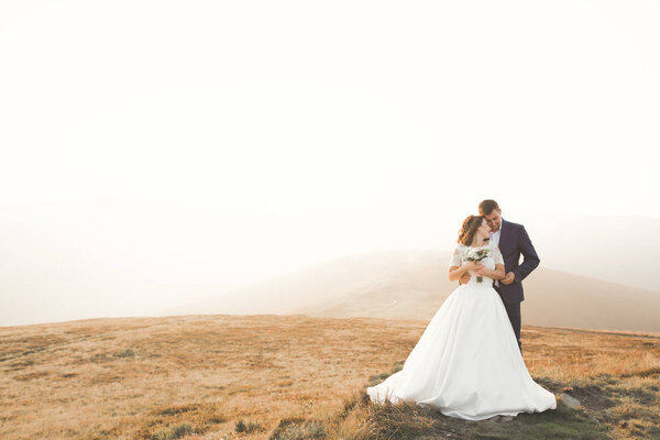 Happy wedding couple posing over beautiful landscape in the mountains.