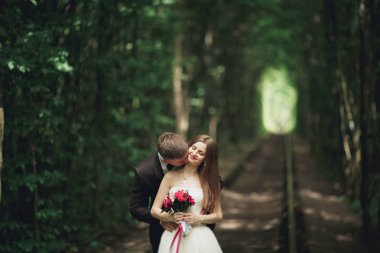 Genç düğün çift, gelin ve damat bir demiryolundan poz