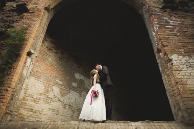 Güzel, romantik bir düğün. Yeni evliler. Eski kalenin yakınlarında sarılıyorlar.