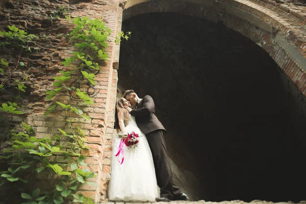 Sinnliches Ehepaar, Valentinen, die sich vor der alten slawischen Burg umarmen — Stockfoto