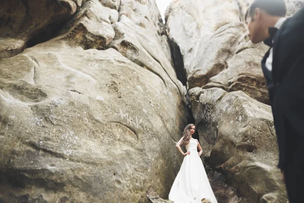 Gorgeous bride, groom kissing and hugging near the cliffs with stunning views — Stock Photo, Image