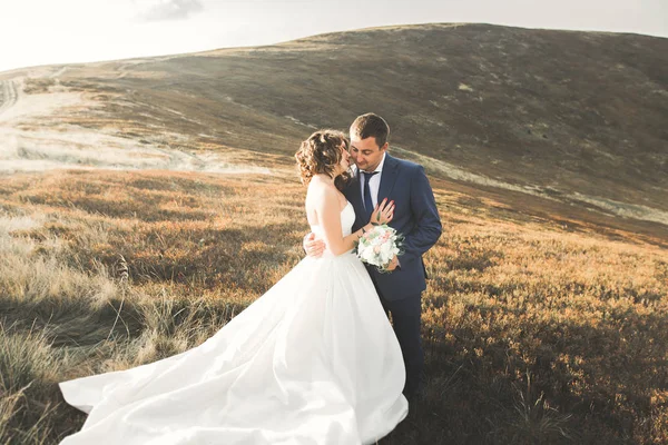 Krásné svatební pár pózuje na vrcholu hory při západu slunce — Stock fotografie