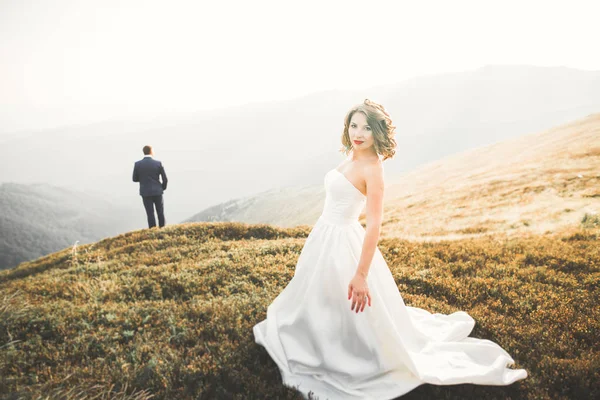 Pareja feliz boda posando sobre hermoso paisaje en las montañas —  Fotos de Stock