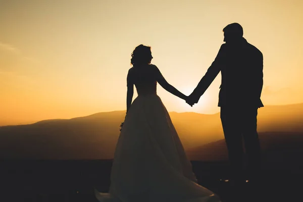 Hochzeitspaar posiert bei Sonnenuntergang am Hochzeitstag. Braut und Bräutigam verliebt — Stockfoto