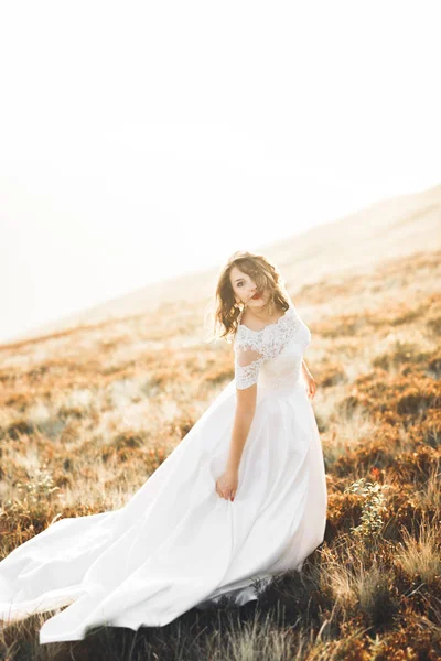 Felice bella sposa fuori su un prato estivo al tramonto con vista perfetta — Foto Stock