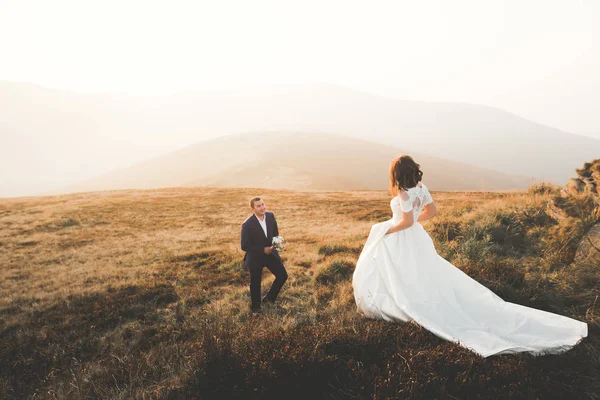 Schönes Hochzeitspaar posiert bei Sonnenuntergang auf einem Berg — Stockfoto