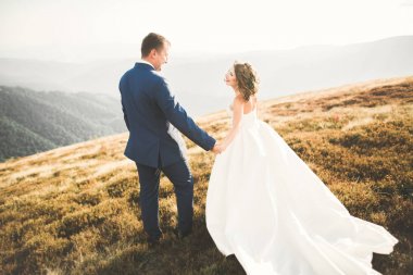 Güzel dağlarda poz veren mutlu bir düğün çifti.