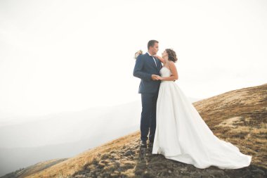 Düğün çifti düğün gün batımında poz. Gelin ve damat aşık