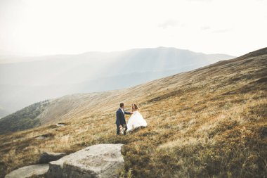 Düğün çifti düğün gün batımında poz. Gelin ve damat aşık