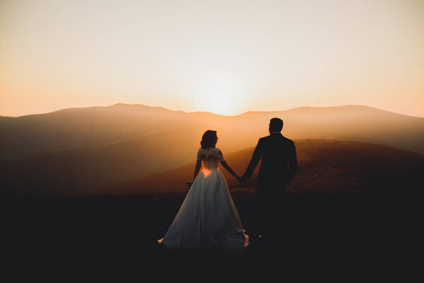 Happy beautiful wedding couple bride and groom at wedding day outdoors on the mountains rock. Happy marriage couple outdoors on nature, soft sunny lights