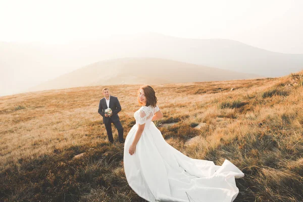 Hermosa pareja de boda besándose y abrazándose cerca de la montaña con vista perfecta —  Fotos de Stock