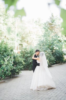 Romantik Çift dans ve onların düğününde öpüşme