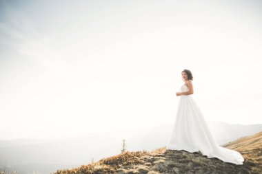 Gün batımında dağ zemin üzerine bir buket ile güzel gelin