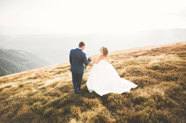 Düğün gününde damadın ve gelinin dağların eteklerinde mutlu mesut evlenecekler. Doğada mutlu evlilikler, yumuşak güneşli ışıklar.