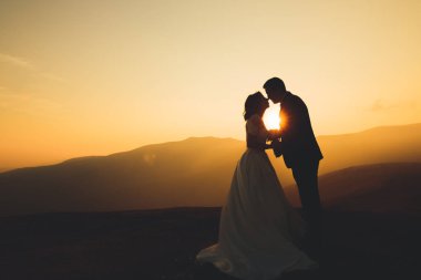 Düğün gününde damadın ve gelinin dağların eteklerinde mutlu mesut evlenecekler. Doğada mutlu evlilikler, yumuşak güneşli ışıklar.