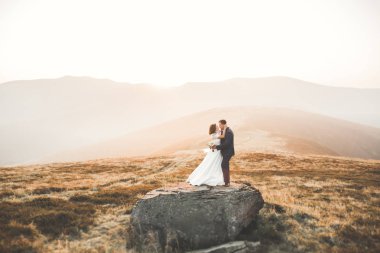 Güzel dağlarda poz veren mutlu bir düğün çifti.