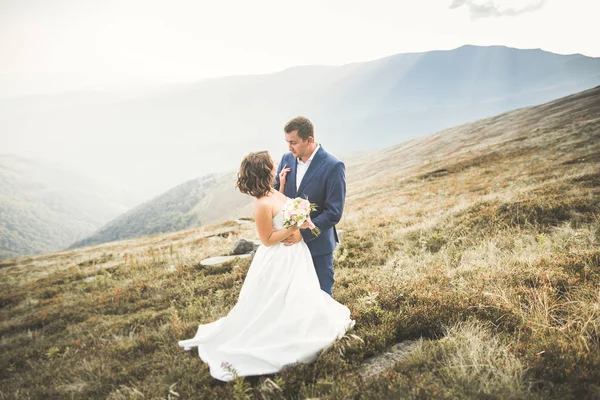 Vackra bröllop par poserar ovanpå ett berg vid solnedgången — Stockfoto