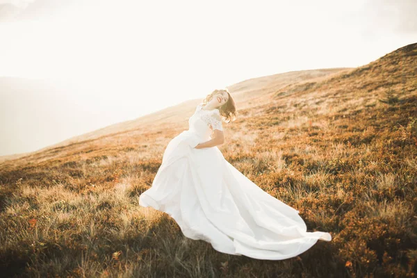 Felice bella sposa fuori su un prato estivo al tramonto con vista perfetta — Foto Stock