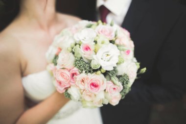 Mutlu düğün çift gelin ve damat bir botanik parkında poz