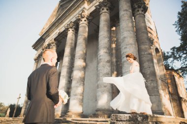 Güzel bir peri masalı yeni evli çift eski ortaçağ şatosunun yakınlarında sarılıyor.