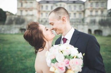 Mutlu evlilik çift kafa kafaya çevre castle ile portresi