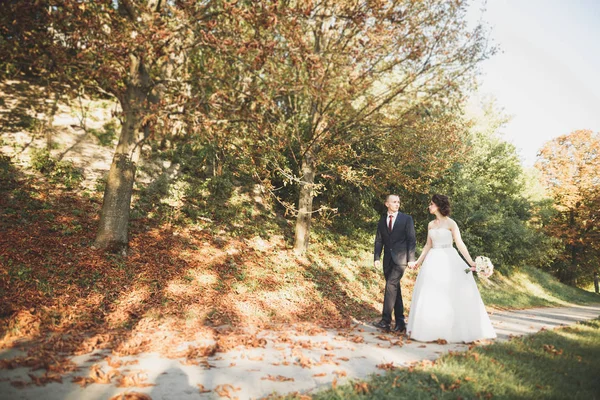 Casal elegante de recém-casados felizes andando no parque em seu dia de casamento com buquê — Fotografia de Stock