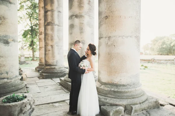 Yeni evli gelin ve damat eski kale sarılma güzel Romantik Çift — Stok fotoğraf