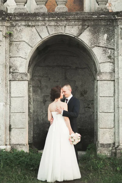 Solo pose sposate e baci con una vecchia fortezza sullo sfondo — Foto Stock