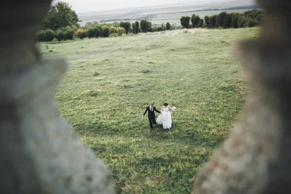 Increíble feliz suave elegante hermosa pareja romántica caucásica en el fondo antiguo castillo barroco — Foto de Stock