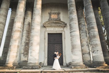 Yeni evli gelin ve damat eski kale sarılma güzel Romantik Çift