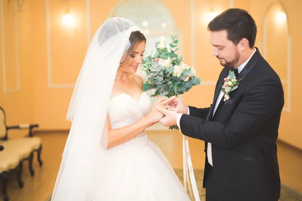 Skönhet brud och stilig brudgummen bär ringar varandra. Bröllopsparet på förbindelseceremonin. — Stockfoto