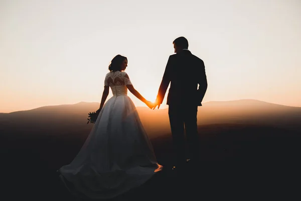 Casal de casamento posando no pôr do sol no dia do casamento. Noiva e noivo apaixonados — Fotografia de Stock