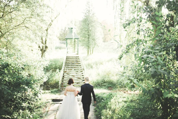 Szczęśliwy ślub pary młodej i pana młodego, pozowanie w parku botanicznego — Zdjęcie stockowe