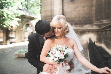 Güzel, mutlu bir düğün çifti, güzel şehirde uzun beyaz elbiseli bir gelin.