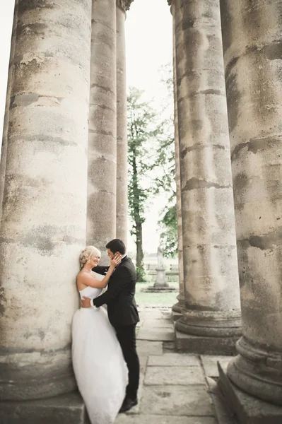 Mutlu düğün kaç sarılma ve öpüşme üzerinde arka plan eski kale